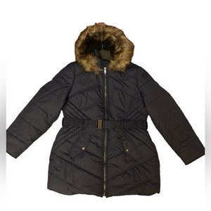 Belted Faux Fur Trim Hooded Puffer Coat